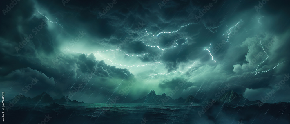 Black dark greenish blue dramatic night sky. Gloomy ominous storm rain clouds background. Cloudy thunderstorm hurricane wind lightning. Epic fantasy mystic. Or creepy spooky nightmare horror concept. - obrazy, fototapety, plakaty 