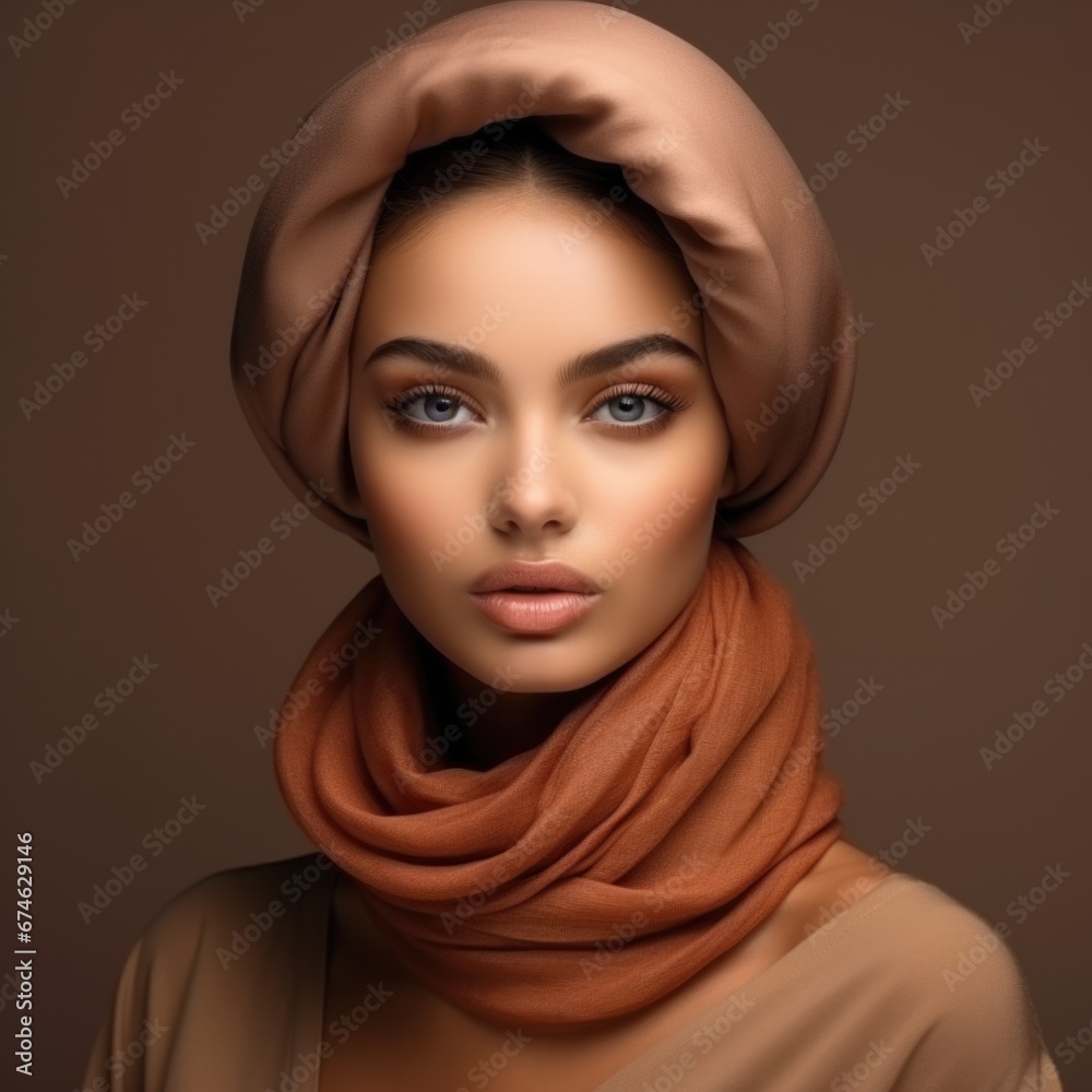 Fashion closeup portrait of a beautiful woman in a scarf, with natural makeup Fashion closeup portrait of a beautiful woman in a scarf, with natural makeup