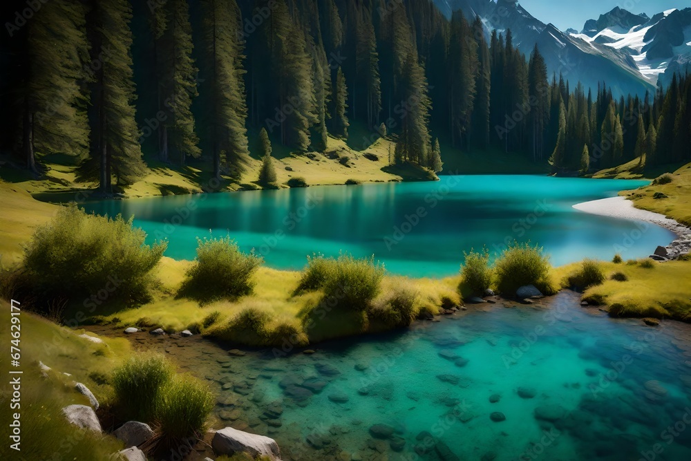 A pristine, turquoise lake surrounded by snow-capped peaks and lush meadows