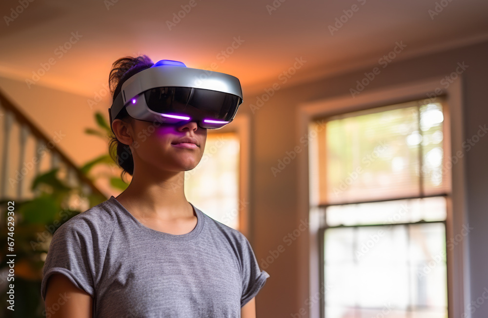 Portrait of a young girl in Virtual reality helmet stands in a room in her house. Virtual metaverse world concept. Ai generative. Portrait of a young girl in Virtual reality helmet stands in a room in her house. Virtual metaverse world concept. Ai generative.