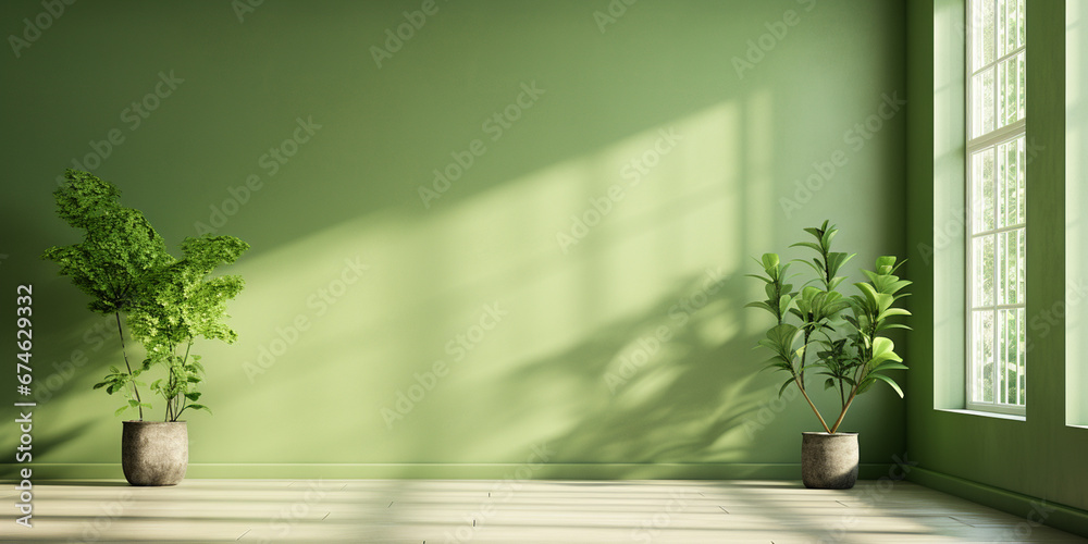 Green background image, white tones with a play of light and shadow on the wall and floor