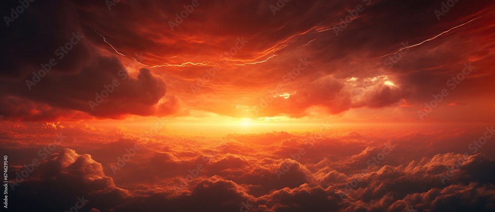 Bright red sunset. Dramatic evening sky with clouds. Fiery skies with space for design. Magic fantasy sky. War, battle, terror, world apocalypse, horror concept.