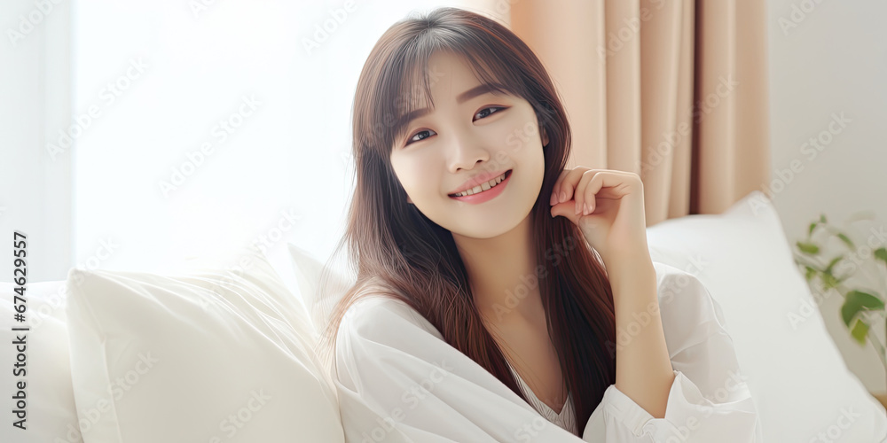 Portrait of a young beautiful Asian woman Happy cheerful relaxing in summer. Korean Asian makeup wakeup University Asia lifestyle concept Portrait of a young beautiful Asian woman Happy cheerful relaxing in summer. Korean Asian makeup wakeup University Asia lifestyle concept