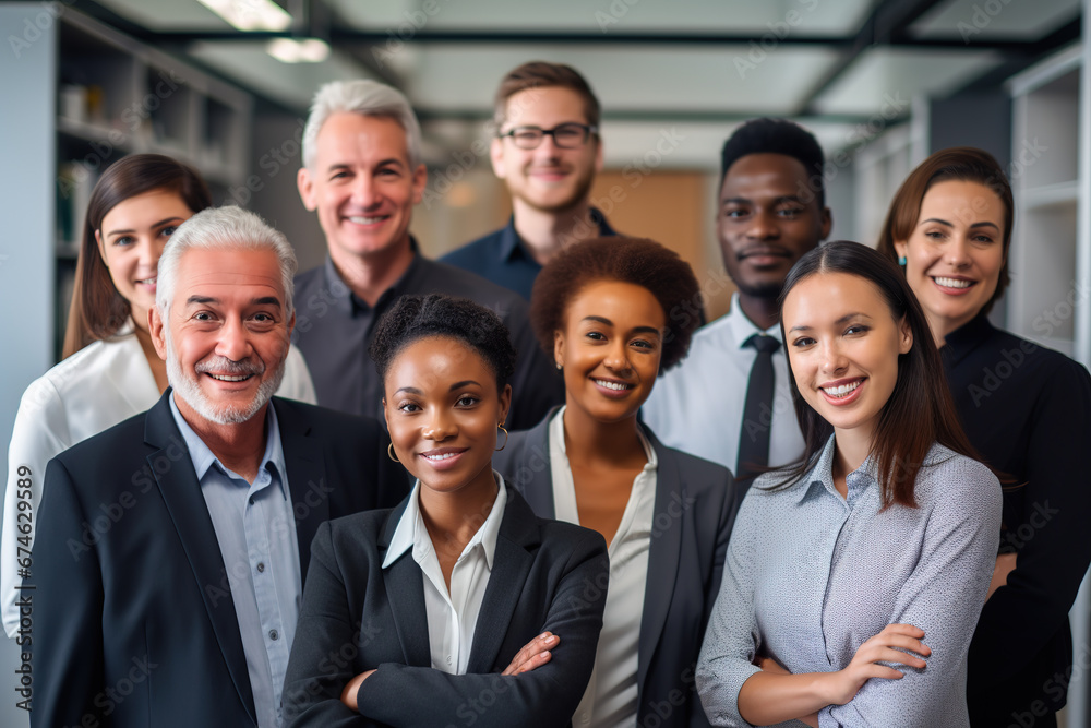 Portrait of successful creative business team looking at camera and smiling. Diverse business people standing together at startup.