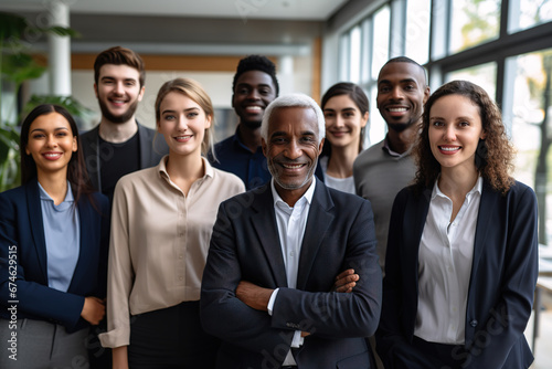 Happy diverse professional business team stand in office looking at camera, smiling young and old multiracial workers staff group pose together as human resource, corporate equality concept