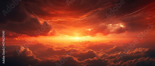 Bright red sunset. Dramatic evening sky with clouds. Fiery skies with space for design. Magic fantasy sky. War  battle  terror  world apocalypse  horror concept.