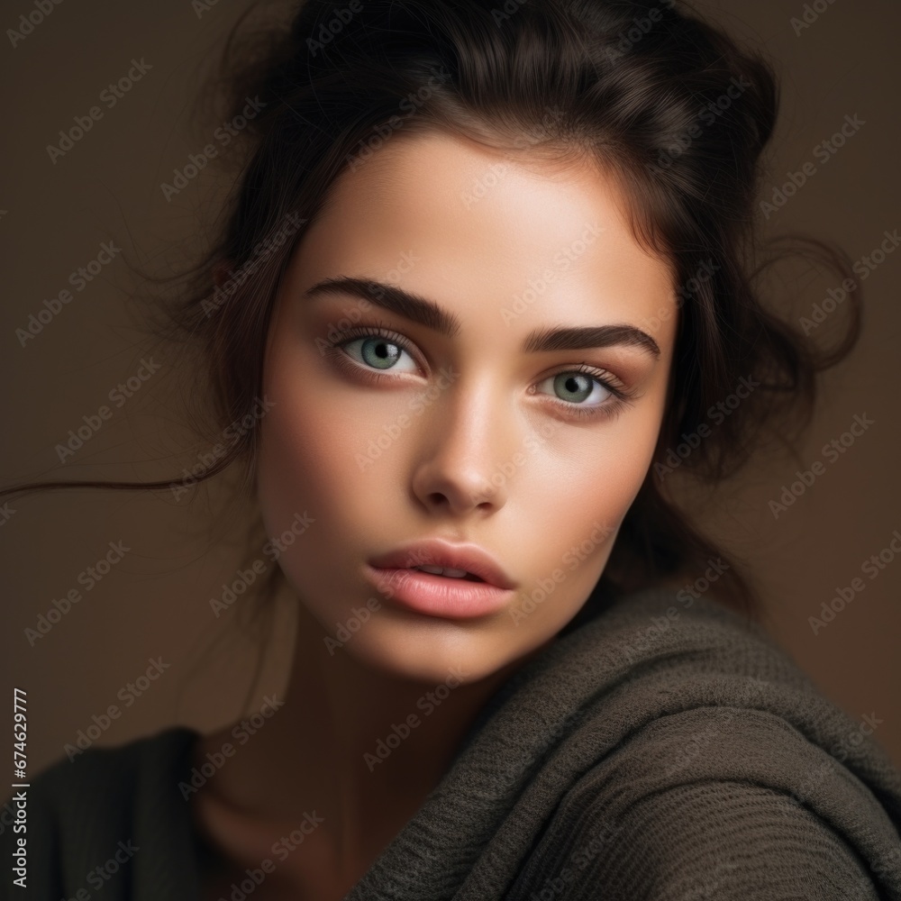 Fashion portrait closeup of a beautiful woman, with natural makeup and wavy hair. Style, fashion, beauty Fashion portrait closeup of a beautiful woman, with natural makeup and wavy hair. Style, fashion, beauty