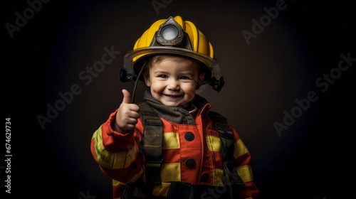 A Boy smiles, imagines to be a firefighter, wears an firefighter suit and helmet. Gray background. Thumb up. Future dream profession. Ai generative