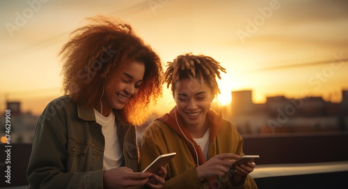 Happy non-binary person looking at smart phone with female friend during sunset. Watching short format of online videos on social media platforms. photo
