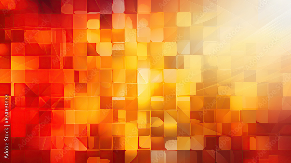 Fiery red orange gold yellow abstract background. Geometric shape. Square rectangle block pattern. Pixel effect. Rough grain noise. Mosaic collage mix. Bright colour. Hot. Futuristic design template.