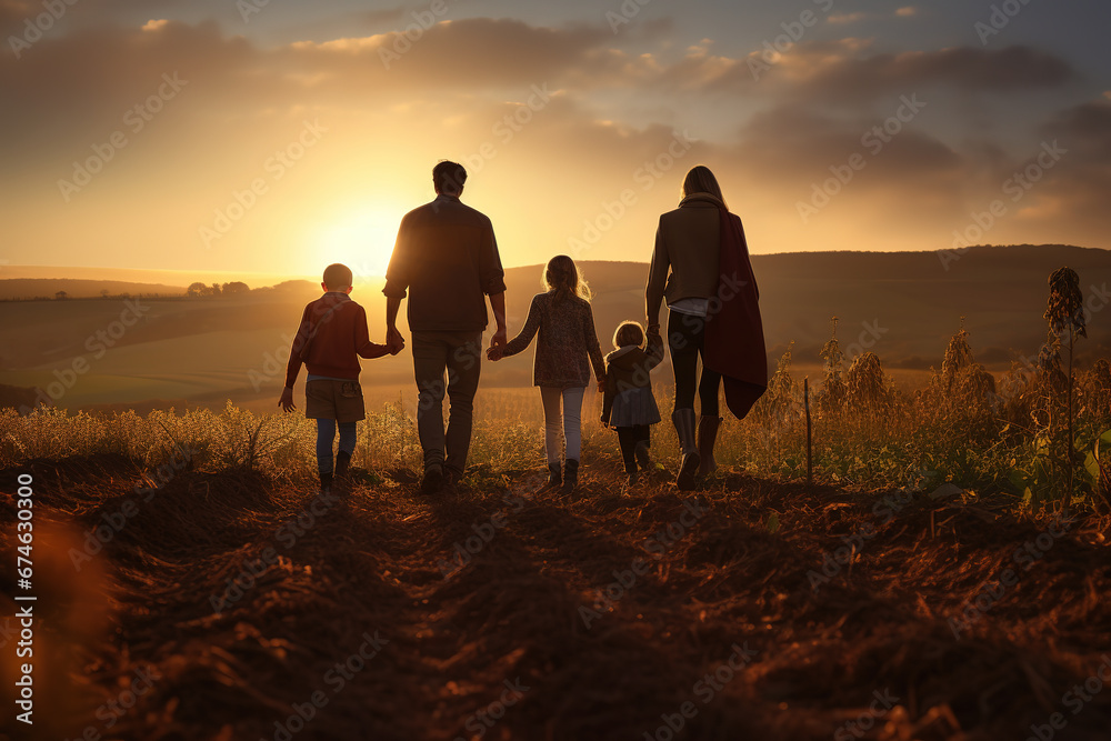 Back view of happy family: mother, father, son and daughters walking on lawn on sunset. Holding hands.