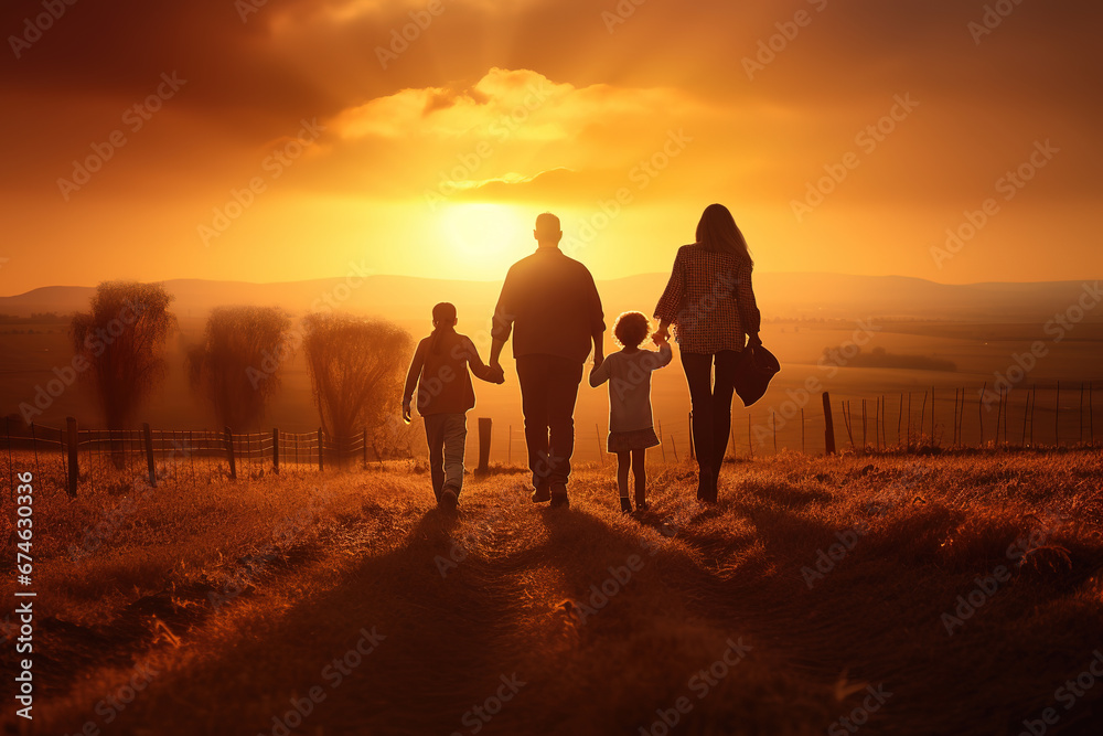 Happy family walk in field in nature. Parents and children are free and active people in nature. Healthy and cheerful family walking and holding hands. Summer walk at sunset.