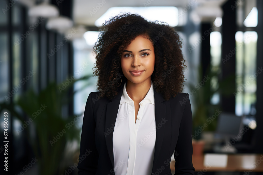 Confident young professional business woman ceo, female corporate executive leader, African American lady lawyer wearing suit and standing in modern office. Confident young professional business woman ceo, female corporate executive leader, African American lady lawyer wearing suit and standing in modern office.