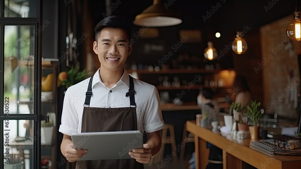 Smart asian young barista male in apron holding tablet and standing in front of the door of cafe with open sign board. Business owner startup SME entrepreneur concept Smart asian young barista male in apron holding tablet and standing in front of the door of cafe with open sign board. Business owner startup SME entrepreneur concept