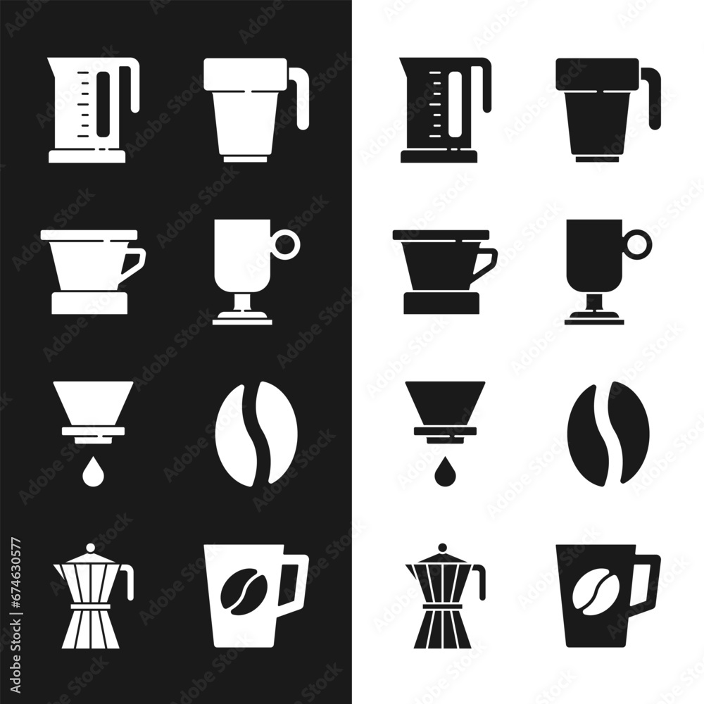 Set Irish coffee, V60 maker, Electric kettle, Coffee cup, beans, and moca pot icon. Vector Set Irish coffee, V60 maker, Electric kettle, Coffee cup, beans, and moca pot icon. Vector