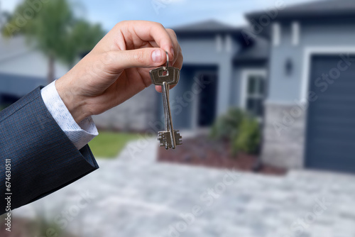 Man hand holding on finger keys to new house.