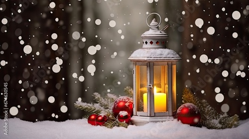 Glowing lantern in snow