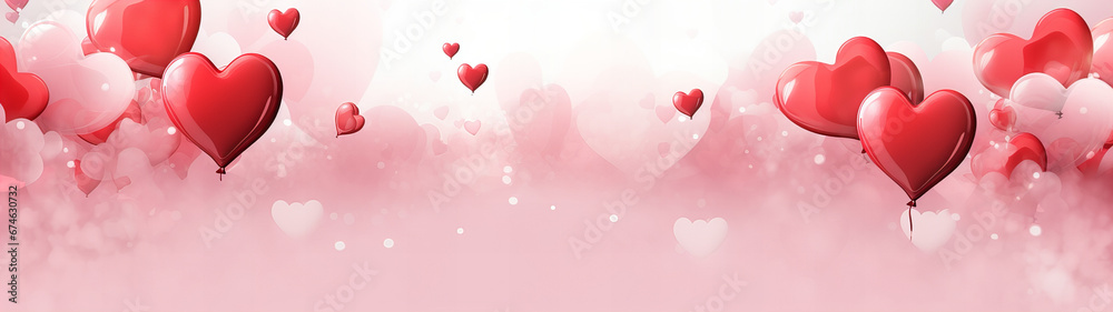 red and pink hearts balloons on a shimmery pink background, Valentine's Day banner