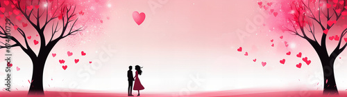 cute couple between two trees with heart shaped leafs, Valentine's Day banner