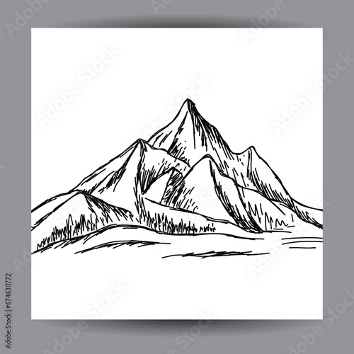 mountain view illustration design template  with a black outline hand drawn style