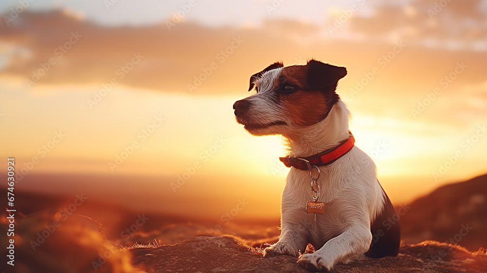 Silhouette background of a beautiful happy jack Russell terrier pet dog. Summer sunset, sunrise landscape banner. Dog travelling and hiking.