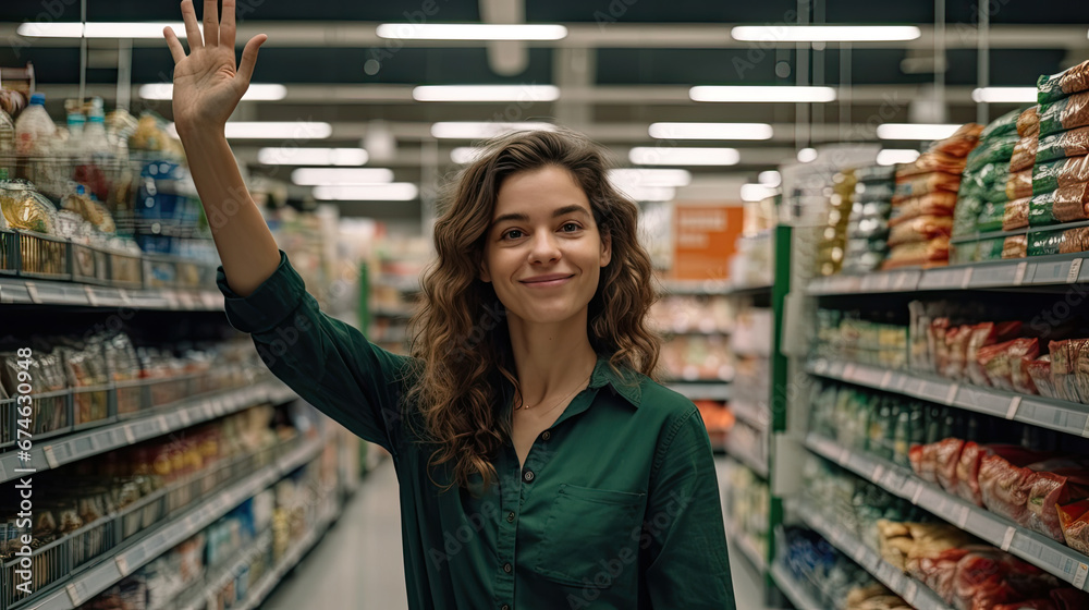 Smiling cheerful and joyful woman shopping basket hand standing between supermarket product shelf aisle convenience store supermarket department store mall