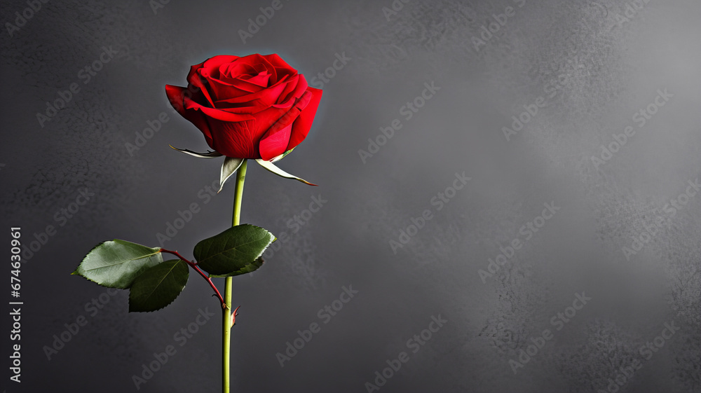 elegant red rose on a gray background, Valentine's Day - obrazy, fototapety, plakaty 