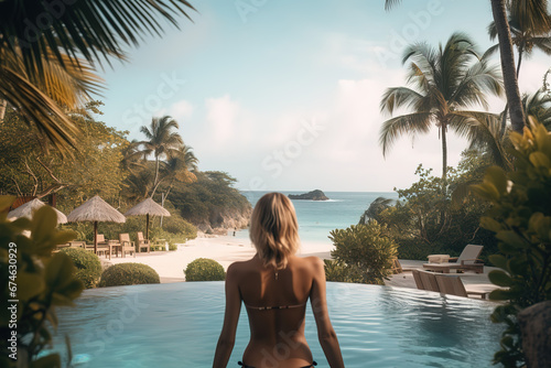 Luxury beach vacation in tropical beach hotel. Naked tourist woman relaxing near blue swimming pool in modern resort. Female traveler on sea vacation.