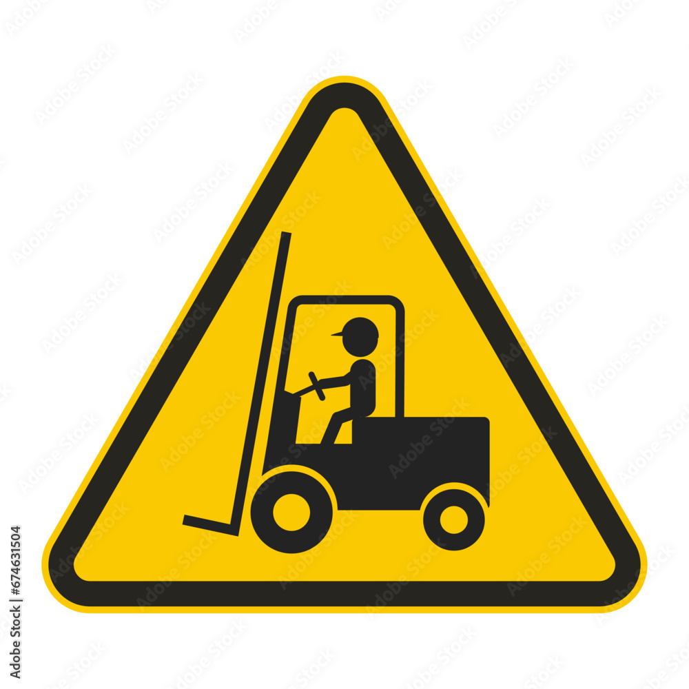 Yellow triangle safety sign icon of black pictogram forklift with fork, wheel, steering wheel, for industrial vehicle caution alert Yellow triangle safety sign icon of black pictogram forklift with fork, wheel, steering wheel, for industrial vehicle caution alert