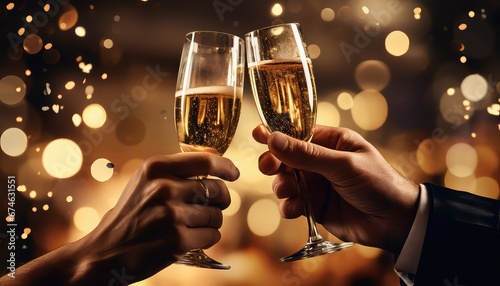 two couple hands clink glasses,celebrating for the new year  