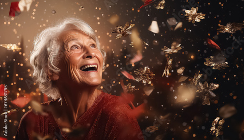 Portrait of an elderly woman with flying sequins, the concept of Christmas and New Year