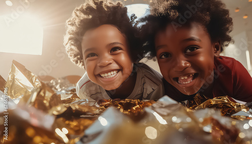 Two black African children received a gift, the concept of Christmas and New Year photo