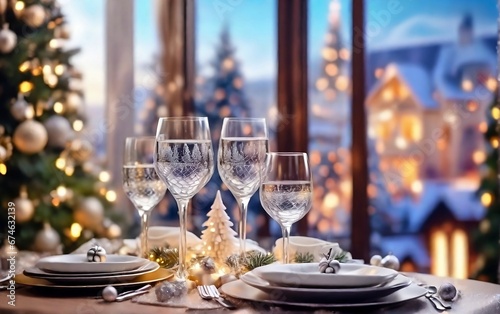 Christmas and New Year 2024. Blurred beautiful New Year table setting, against the background of a decorated Christmas tree and a window with a winter town landscape 