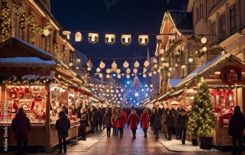 Christmas market at night street and holiday lights. Christmas shopping with blurred people in market created with generative ai 