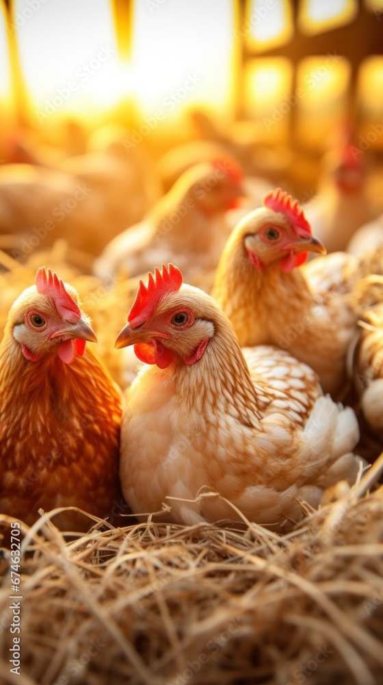 Fototapeta premium chickens sitting on chicken eggs on chicken farm