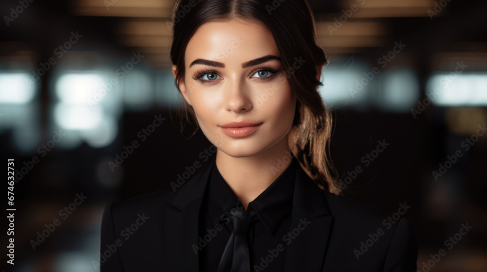 Photo of a beautiful smiling airport employee at the passenger check-in counter in a business suit Photo of a beautiful smiling airport employee at the passenger check-in counter in a business suit