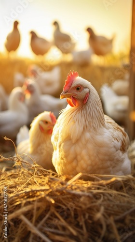 chickens sitting on chicken eggs on chicken farm