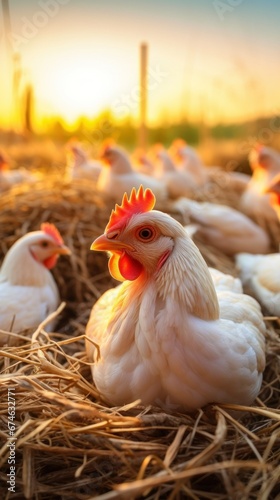 chickens sitting on chicken eggs on chicken farm