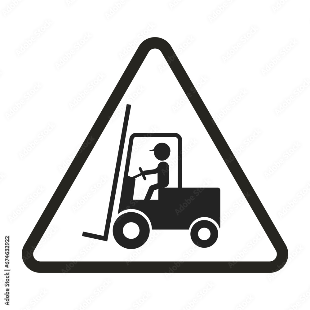 Triangle safety sign icon of black pictogram forklift with fork, wheel, steering wheel, for industrial vehicle caution alert 