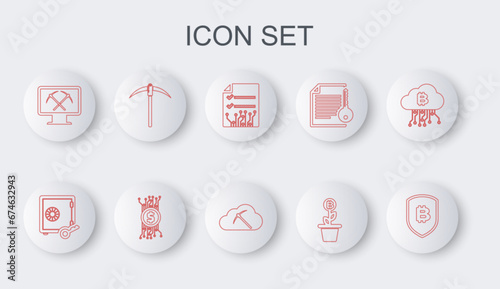 Set line Shield with bitcoin, Proof of stake, Smart contract, Bitcoin plant the pot, Mining monitor and pickaxe, Pickaxe, Cryptocurrency circuit and cloud mining icon. Vector