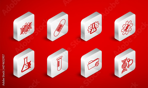 Set line Genetic engineering, Bandage plaster, Bioengineering, Health record folder, Test tube flask and DNA research, search icon. Vector