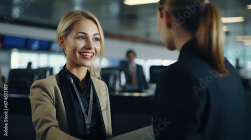 Photo of a beautiful smiling airport employee at the passenger check-in counter in a business suit