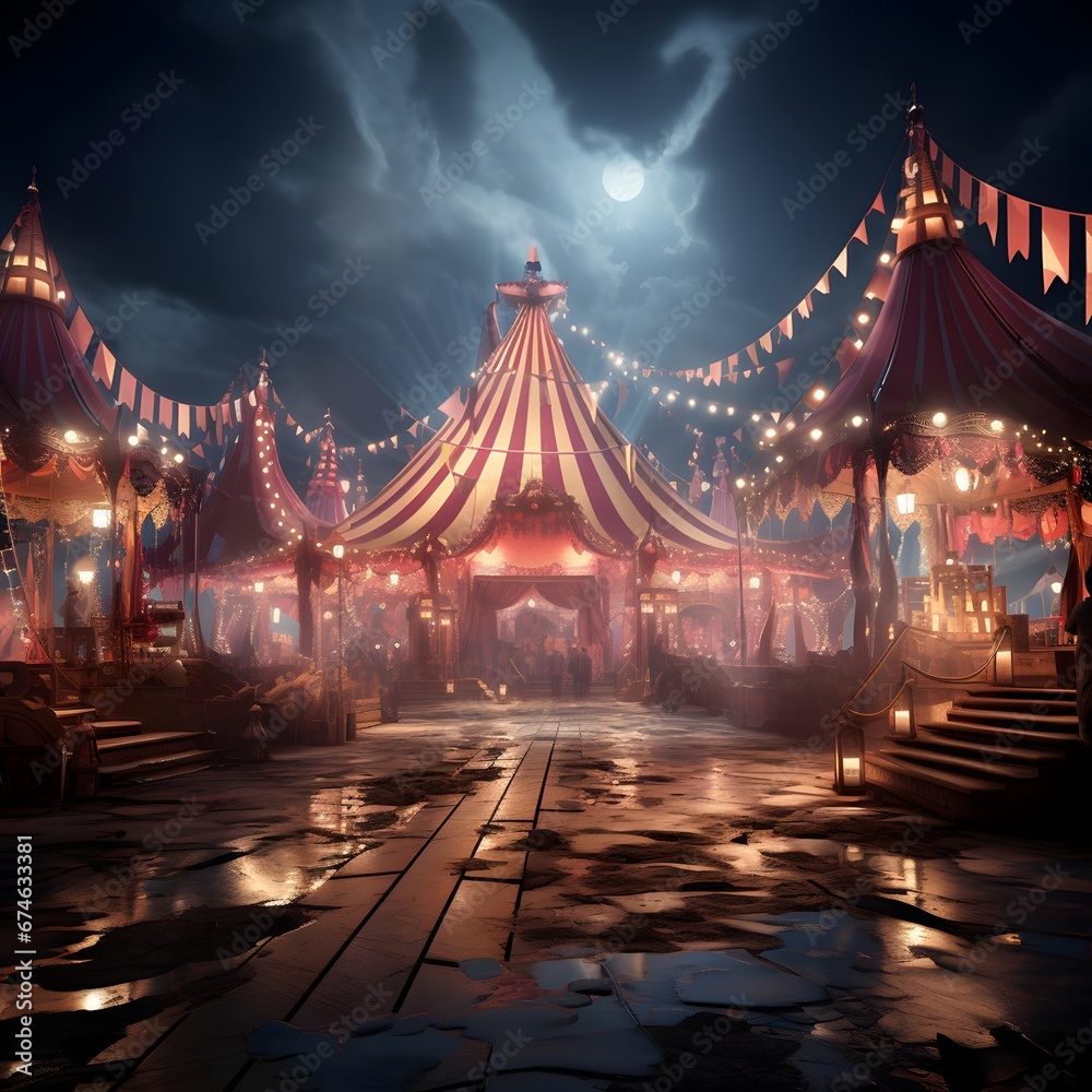 Circus tent at night. 3D illustration. Copy space.