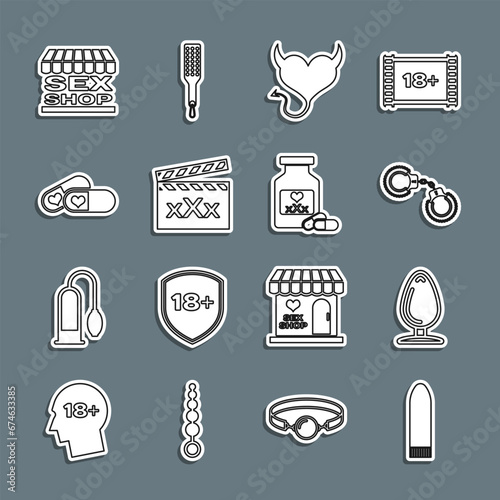 Set line Dildo vibrator, Anal plug, Sexy fluffy handcuffs, Devil heart with horns, Movie clapper, Pills for potency, shop building and Bottle pills icon. Vector