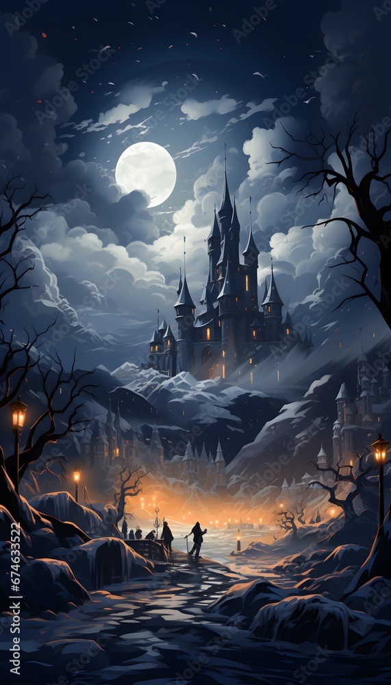 Halloween background with haunted castle and full moon, 3d illustration
