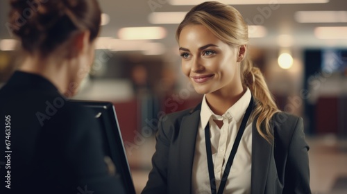 Photo of a beautiful smiling airport employee at the passenger check-in counter in a business suit