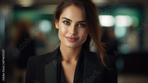 Photo of a beautiful smiling airport employee at the passenger check-in counter in a business suit © koplesya