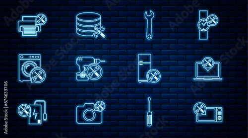 Set line Microwave oven service, Laptop, Wrench, Drill machine, Washer, Printer, Refrigerator and Database server icon. Vector