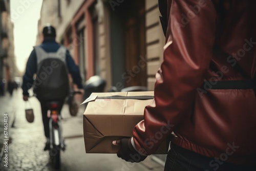 A courier delivering a package to an individual on a city street