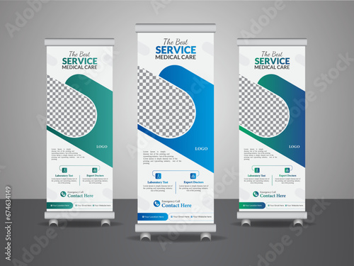 Using geometric shapes and vector AI, this modern professional medical healthcare roll-up banner design uses a minimal standee banner template set for promotional purposes.